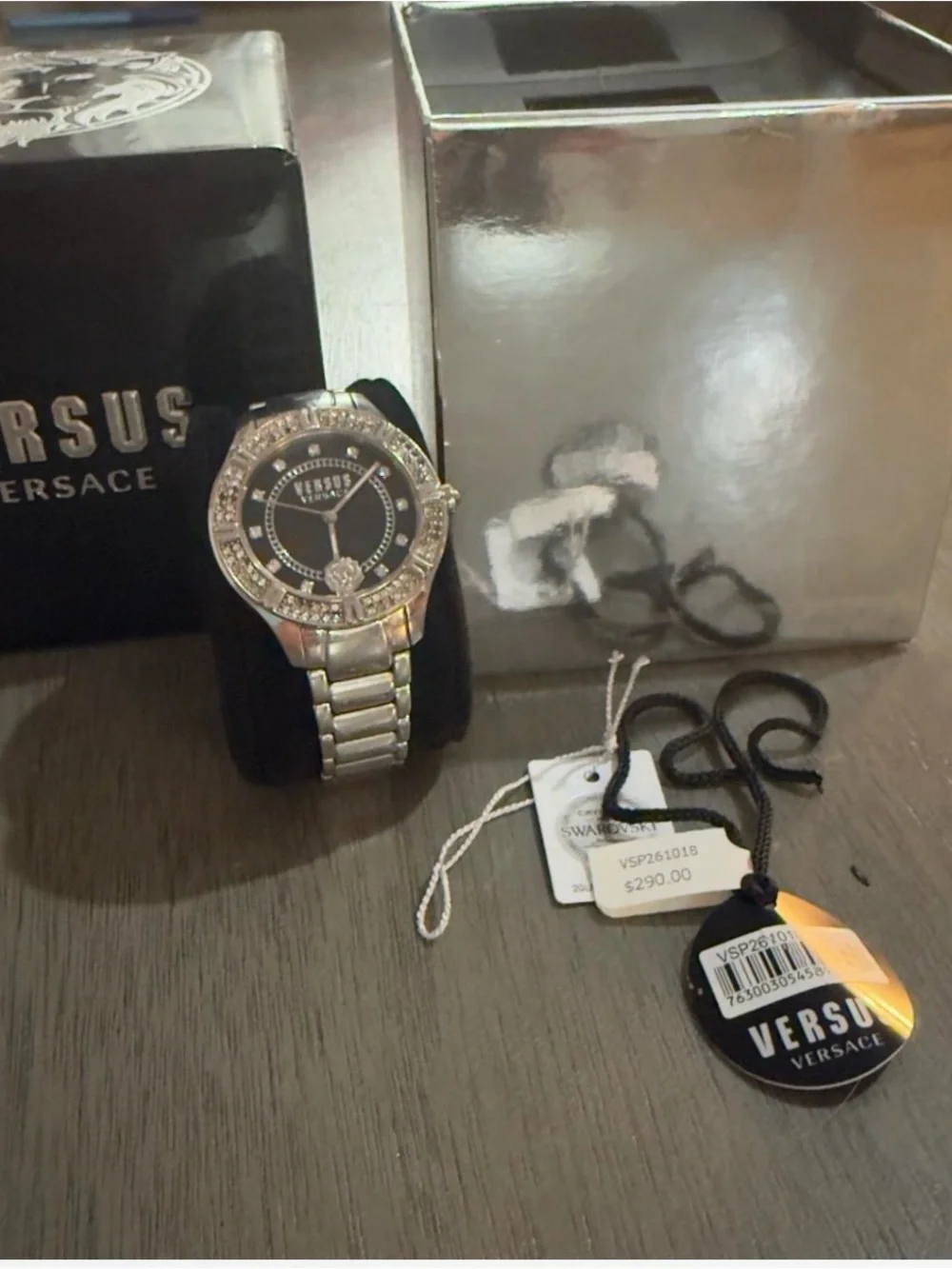 Versace Silver Tone Crystal-Accented Black Dial Watch